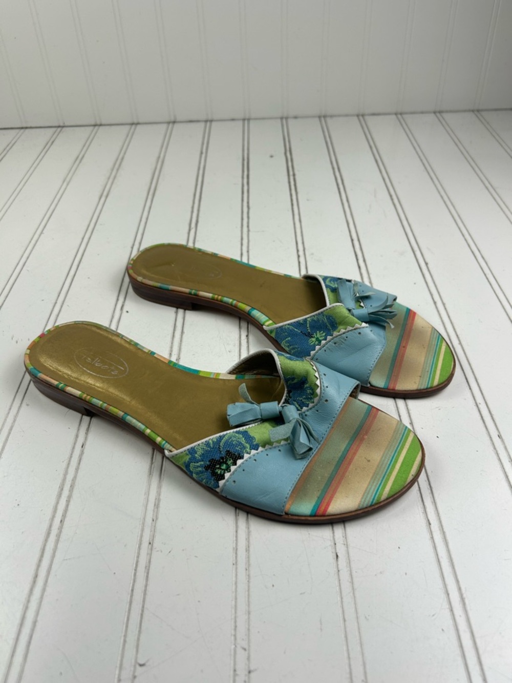 Talbots Slide Sandals Blue Leather Bow Stripe Floral Women’s Size 9.5 - Picture 2 of 8